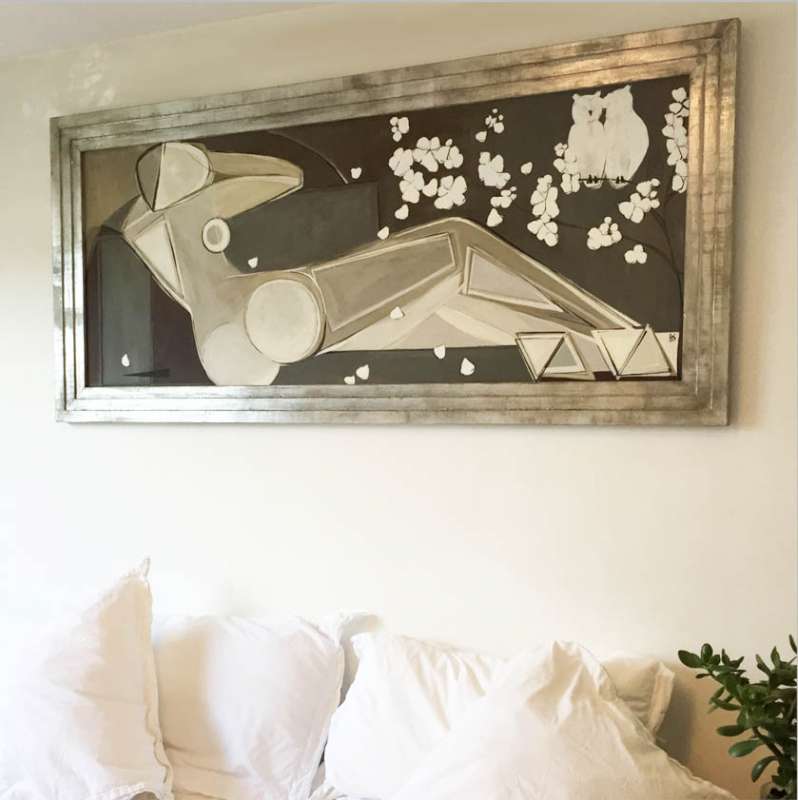 'Midnight Blossom Nude with Barn Owls' Oil & Acrylic on Board in Silver Art Deco Style Frame