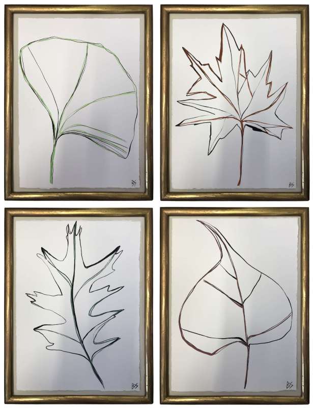 SET OF FOUR Botanical Leaves 'Sacred Tree', 'London Plane', 'Red Oak' & 'Ginkgo', Gouache on Paper in Vintage Gold Gilt/Bronze Finish Frames