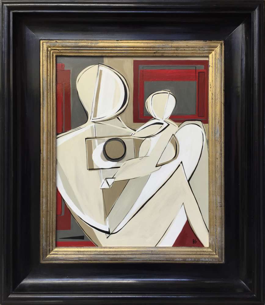 'Mother & Child' Oil & Acrylic on Board in Gold & Black Lacquer Wooden Frame
