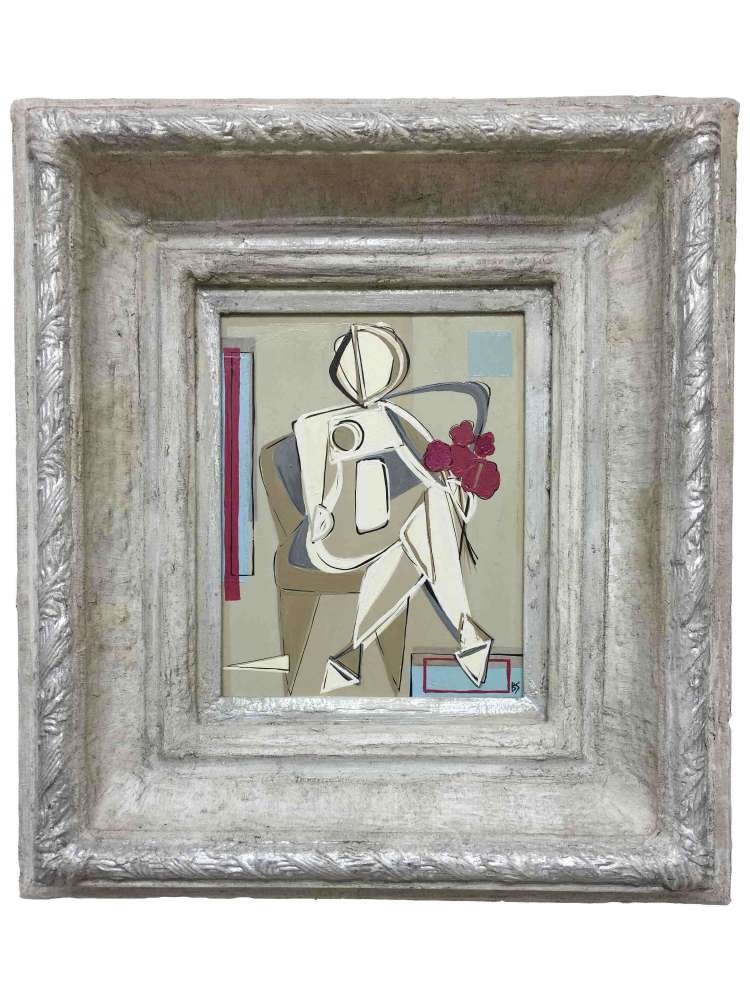 'Sitting Brunette Belle' Oil & Acrylic on Board in Cream + Silver Slip Box Frame 45cm x 50cm