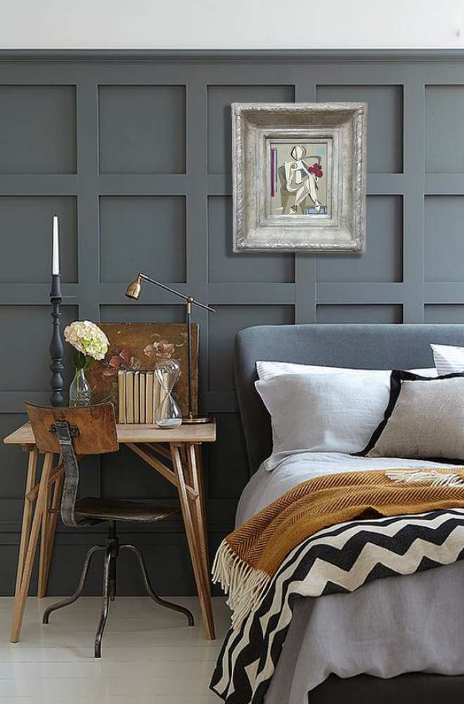 'Sitting Brunette Belle' Oil & Acrylic on Board in Cream + Silver Slip Box Frame 45cm x 50cm