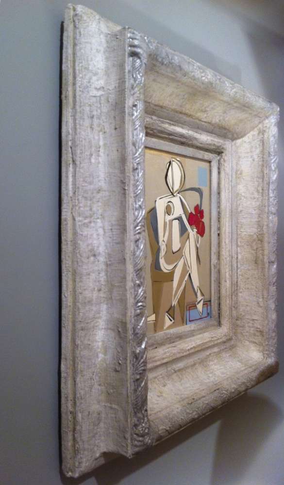 'Sitting Brunette Belle' Oil & Acrylic on Board in Cream + Silver Slip Box Frame 45cm x 50cm