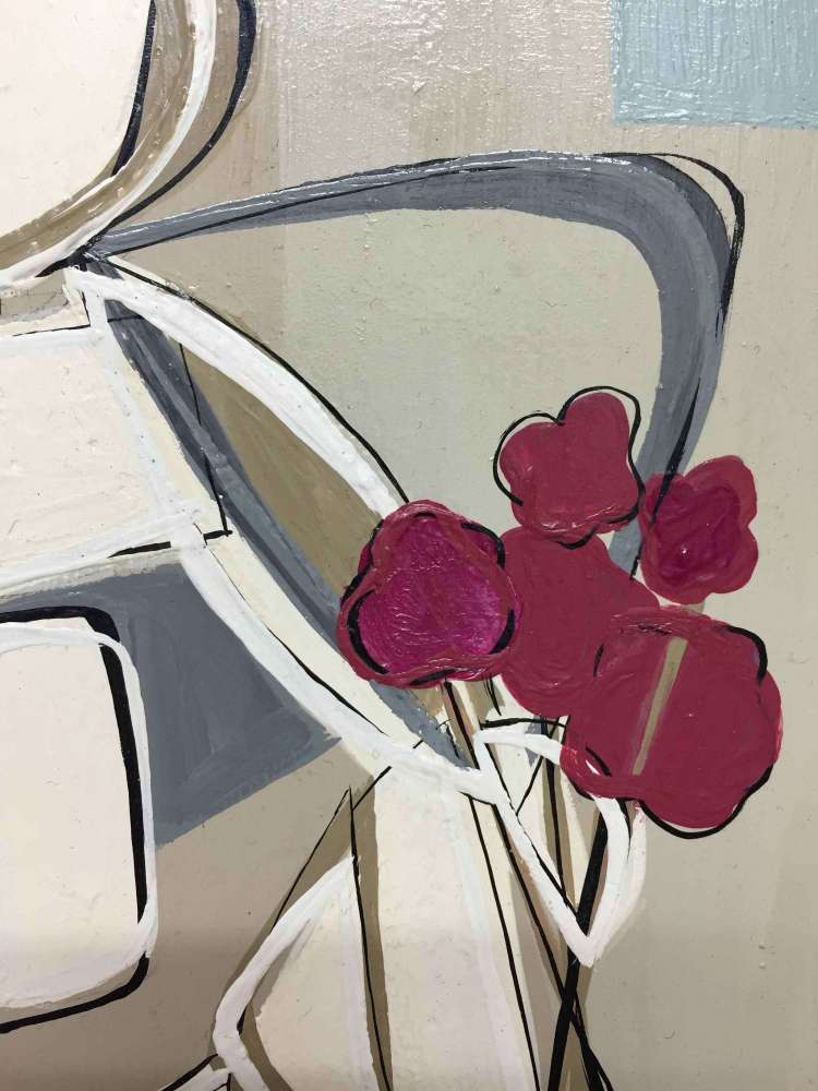 'Sitting Brunette Belle' Oil & Acrylic on Board in Cream + Silver Slip Box Frame 45cm x 50cm