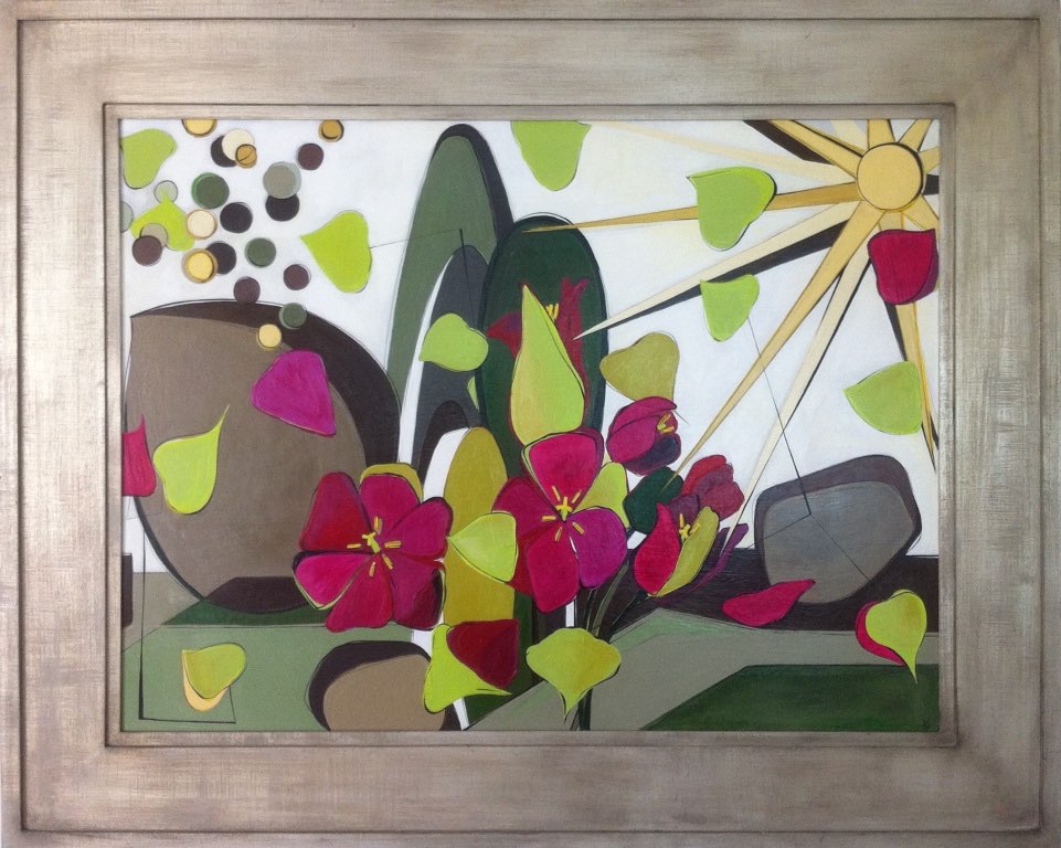 'Spring Garden' Oil & Acrylic on Board in  Broad Silver Gilt Frame