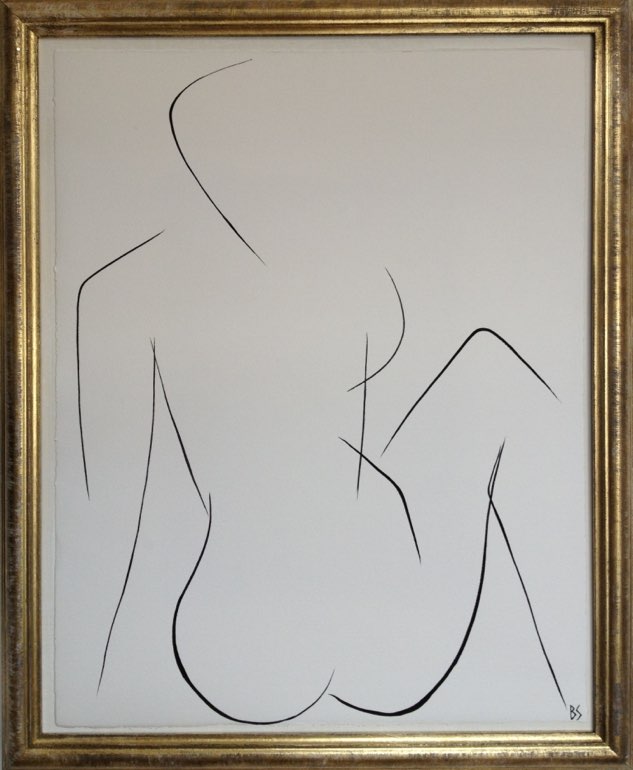 'Nude Pose' No.2 Gouache Linear on Handmade Paper in Gold Gilt Frame