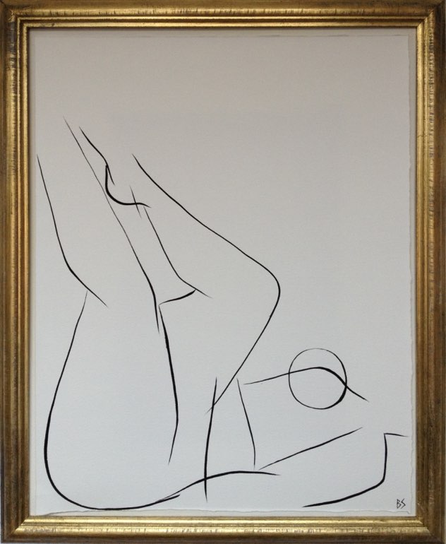'Nude Pose' No.6 Gouache Linear on Handmade Paper in Gold Gilt Frame
