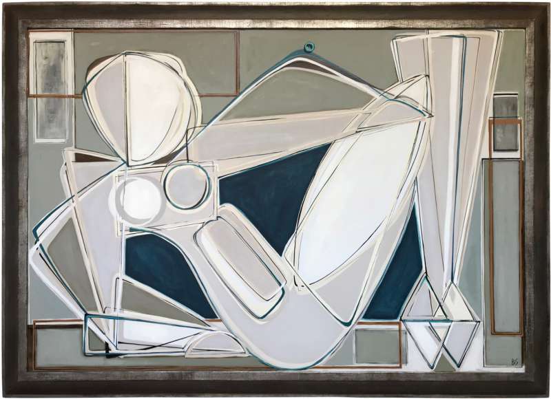 ‘Reclining Muse in Moss and Petrel Blue’ Oil & Acrylic on Board in Bronze & Silver Finish Frame