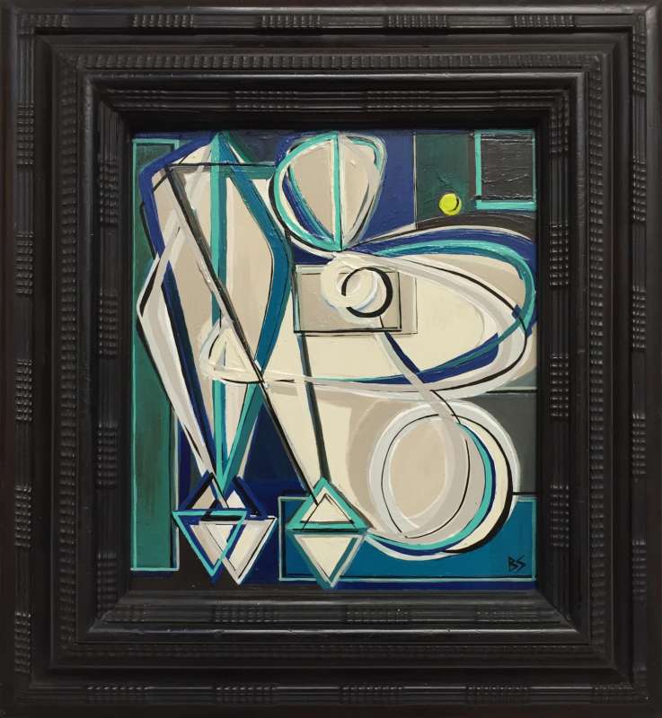 'Blue and the Pea' Oil & Acrylic on Board in Antique Carved Wooden Frame