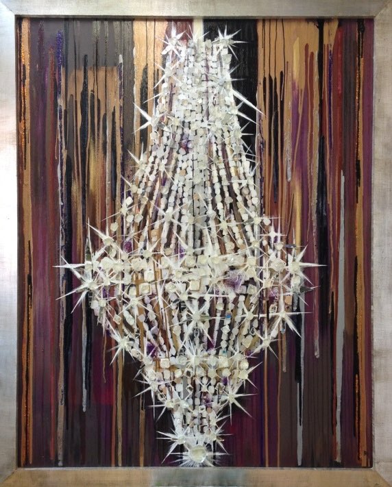 The Great Gatsby Chandelier Oil, Acrylic, Silver Leaf, Mirror & Rock Crystal on Board in Silver Leaf 1970s Frame
