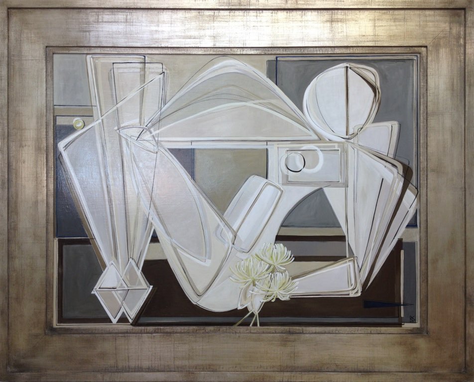 'Victory and the Golden Flower' Oil & Acrylic on Board in Deco Style Antiqued Silver Leaf Frame