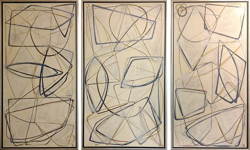 TRIPTYCH 'Blue Theory' Oil & Acrylic on Canvas in Antique Silver Finish Tray Frames