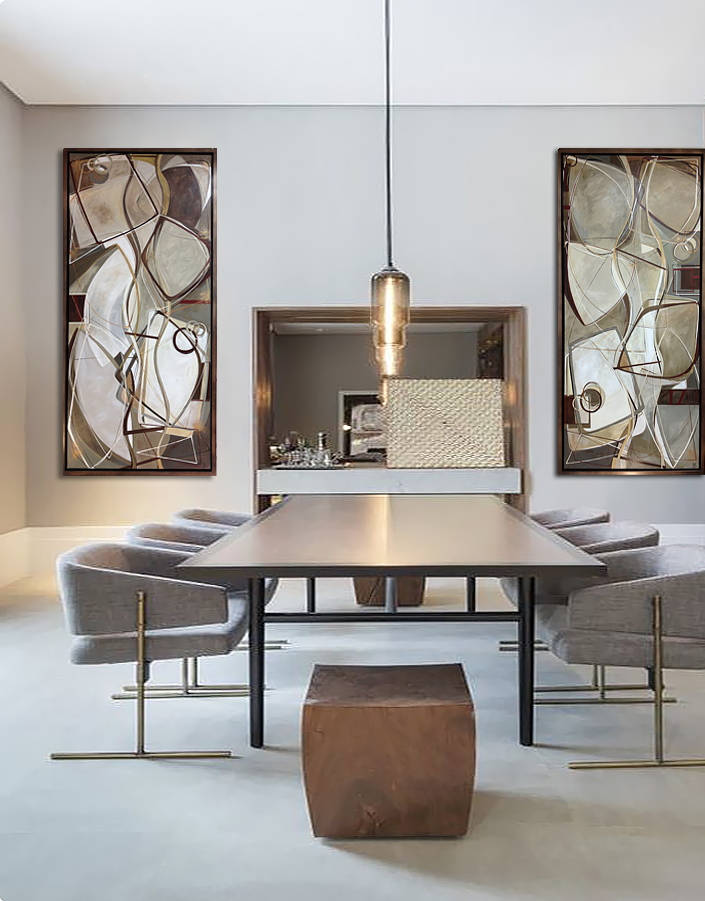 PAIR 'River Stones' Left & Right Study Oil & Acrylic on Canvas in Bronze Finish Tray Frame