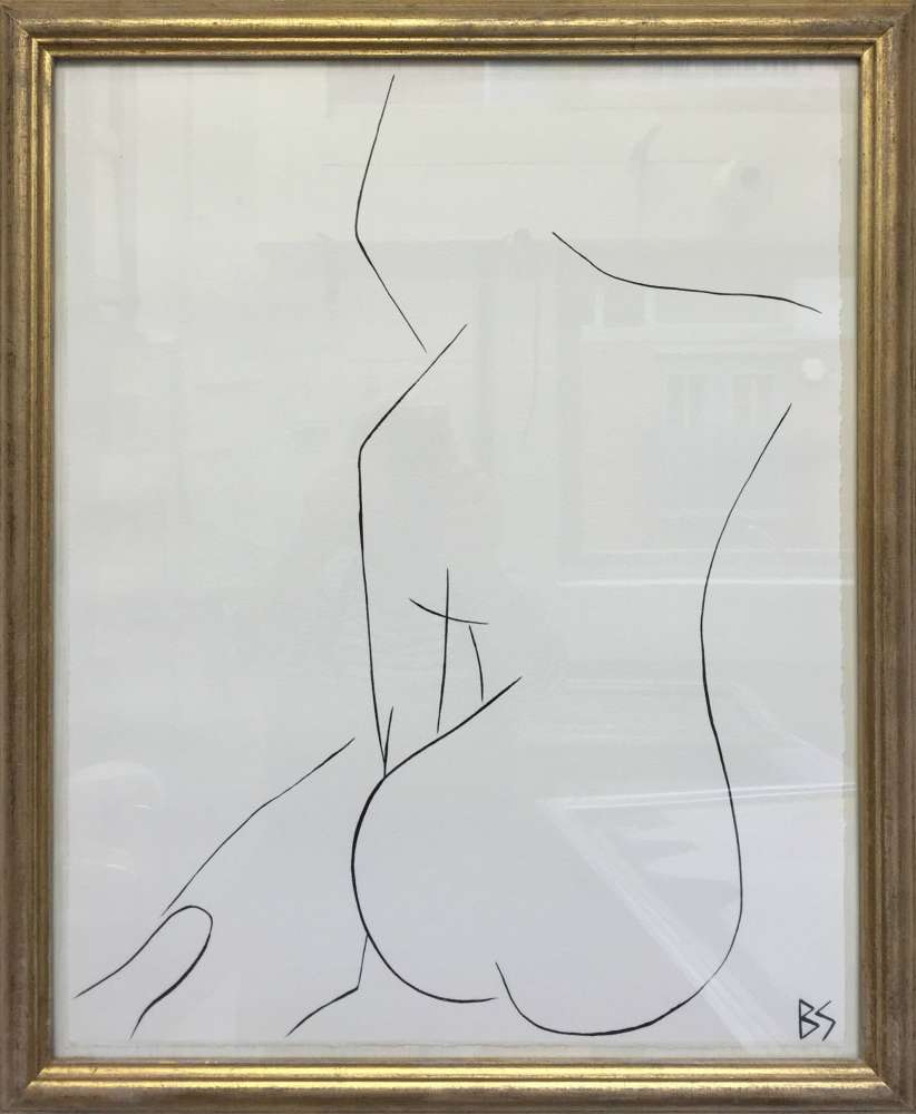 'Nude Pose' No.16 Gouache Linear on Handmade Paper in Gold Gilt Frame