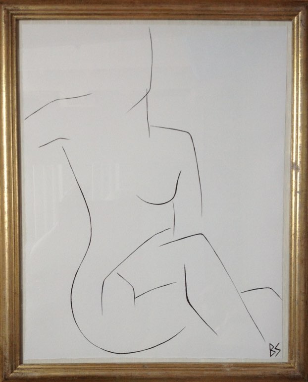 'Nude Pose' No.22 Gouache Linear on Handmade Paper in Gold Gilt Frame
