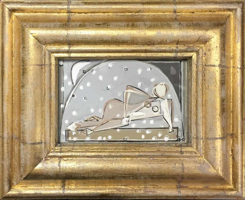 PAIR 'Reclining Nude in Snowglobe' Left & Right Study Gouache & Acrylic on Board in Gilt Frame