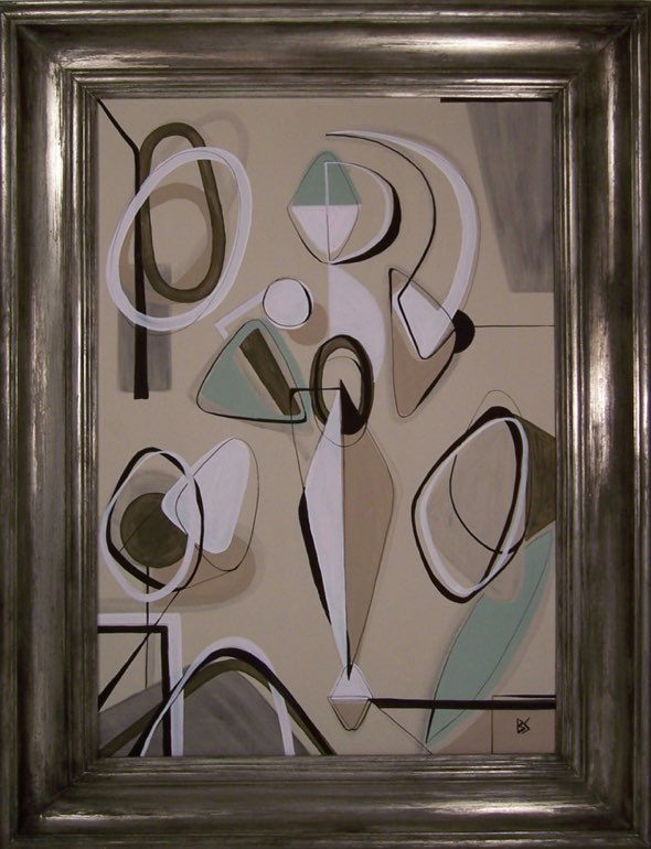 Figurative Abstract in Green and Brown in Silver Modern Frame