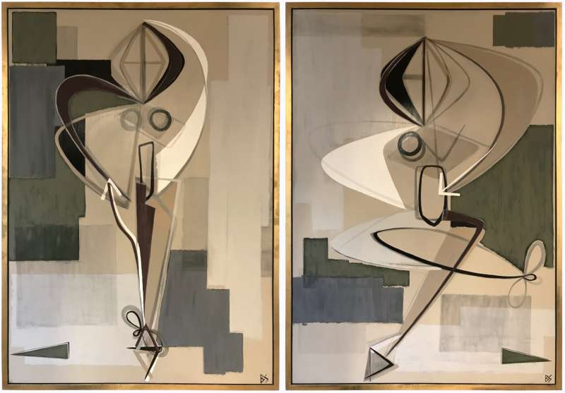PAIR 'Gala Dancing/Gala Posing' Left & Right Study Gouache & Oil on Board in Bronze Finish Tray Frames