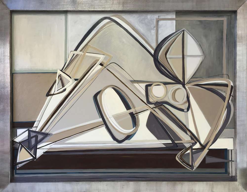 'Harlow Reclining' Oil & Acrylic on Board in 1970s Silver/Bronze Finish Tray Frame with Sloping Edges 152cm x 118cm