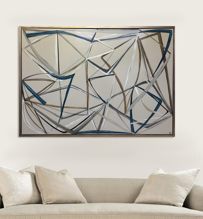 'String Theory in Petrel Blue' Oil & Acrylic on Board in Gold/Bronze Finish Shadow Gap Tray Frame