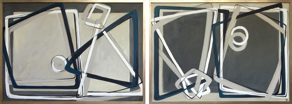 PAIR 'Eternity' L & R Study Oil & Acrylic on Board in Gold/Bronze Finish Tray Frame
