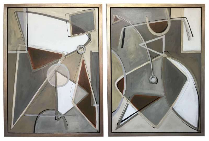 PAIR 'Satellite' L & R Study, Oil & Acrylic on Board in Gold/Silver/Bronze Finish Shadow Gap Tray Frame