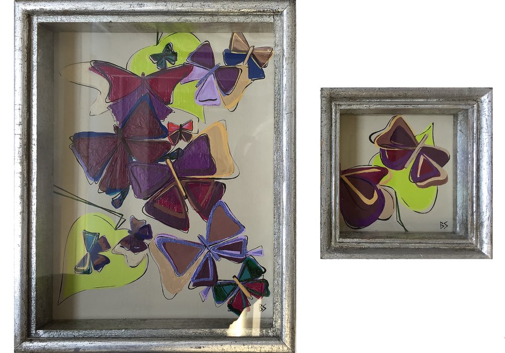 PAIR ‘Butterflies pair’ Gouache on Board under Glass in Silver Gilt Box Frames