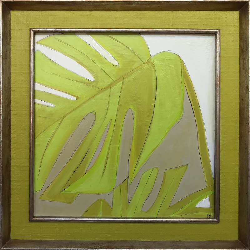 ‘Green Leaf’ Oil & Acrylic on Board in Painted Cavass & Silver Gilt/Bronze Finish Frame