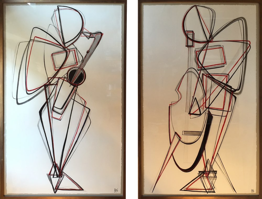 PAIR “Mr Saxaphone’ & ‘Mr Bass’ Gouache on Paper in Gold/Bronze Finish frames