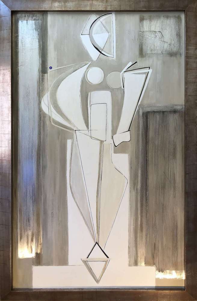 'Argentum’ Oil & Acrylic on Board in 1970s Silver Gilt Finish Tray Frame with Sloping Edges