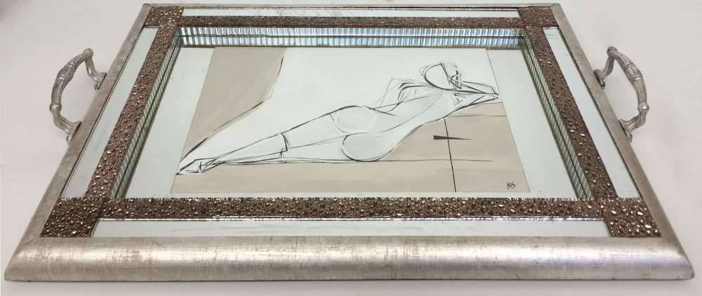 The ‘Petra’ Tray Gouache on Paper in Original Art Deco Mirror, Glass and Silver Leaf Dressing Room Tray