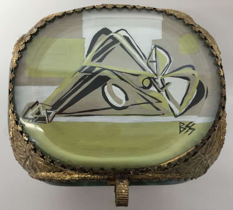 Treasure Box ‘Chartreuse Muse’ Gouache on Paper under Cut Glass in Gold Gilt Metal Box