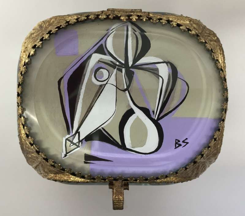 Treasure Box ‘Lilac Muse’ Gouache on Paper under Cut Glass in Gold Gilt Metal Box