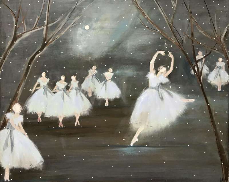 'Moonlight Sonata Ballet' Gouache & Acrylic on Board in Ornate silver Gilt Frame