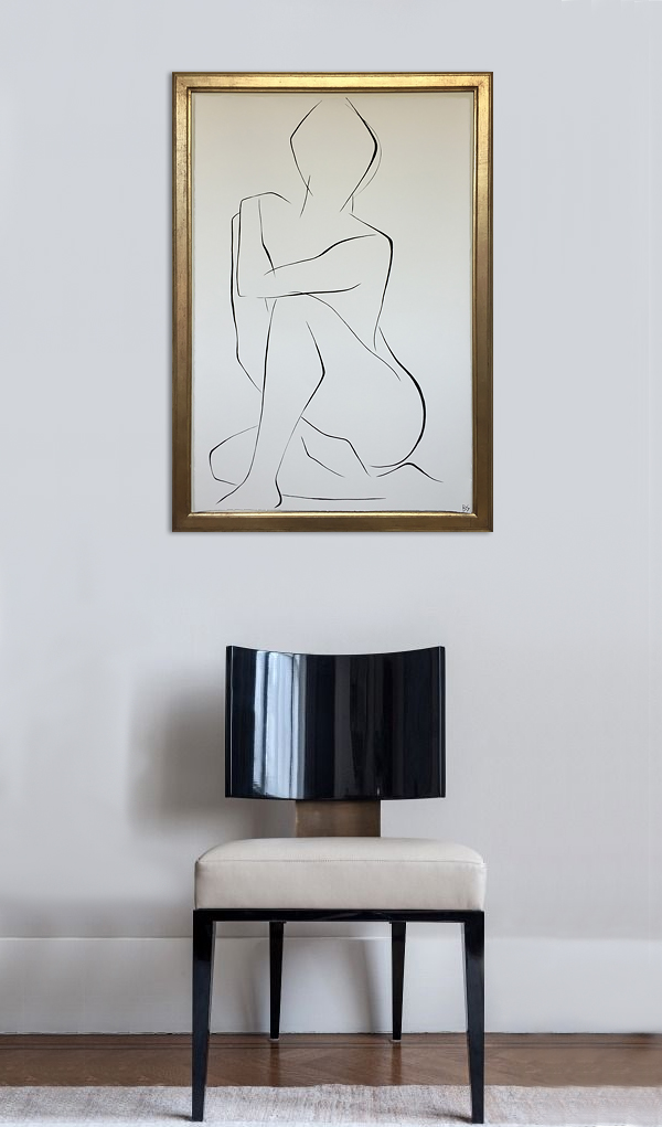 Large Linear Nude Pose No.28 Gouache on Handmade Paper in Gold Gilt Frame