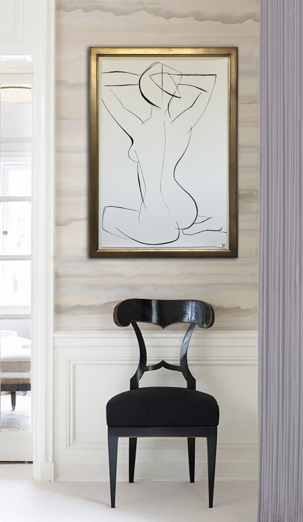 Large Linear Nude Pose No.33 Gouache on Handmade Paper in Gold Gilt Frame