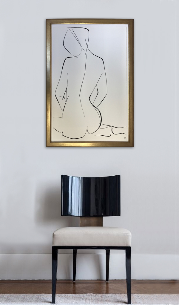 Large Linear Nude Pose No.34 Gouache on Handmade Paper in Gold Gilt Frame