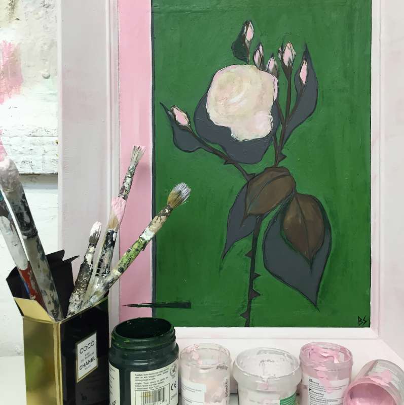‘The Beverley Hills Rose’ Gouache & Acrylic on Board in Vintage1960s Gesso Pink Wooden Frame