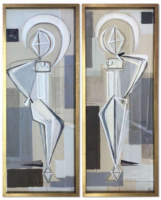 PAIR ‘Dancer’ Left & Right Study Gouache on Board in Gold/Bronze Presentation Frame behind Glass