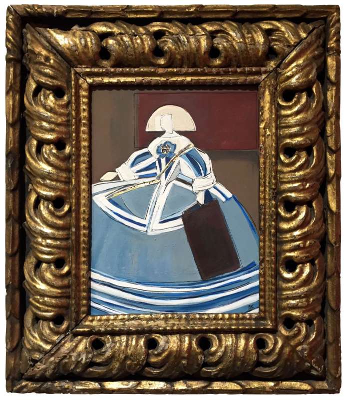‘Girl in the Blue Dress’ Oil & Acrylic on Board in Ornate Antique Carved Wooden Gilt Frame