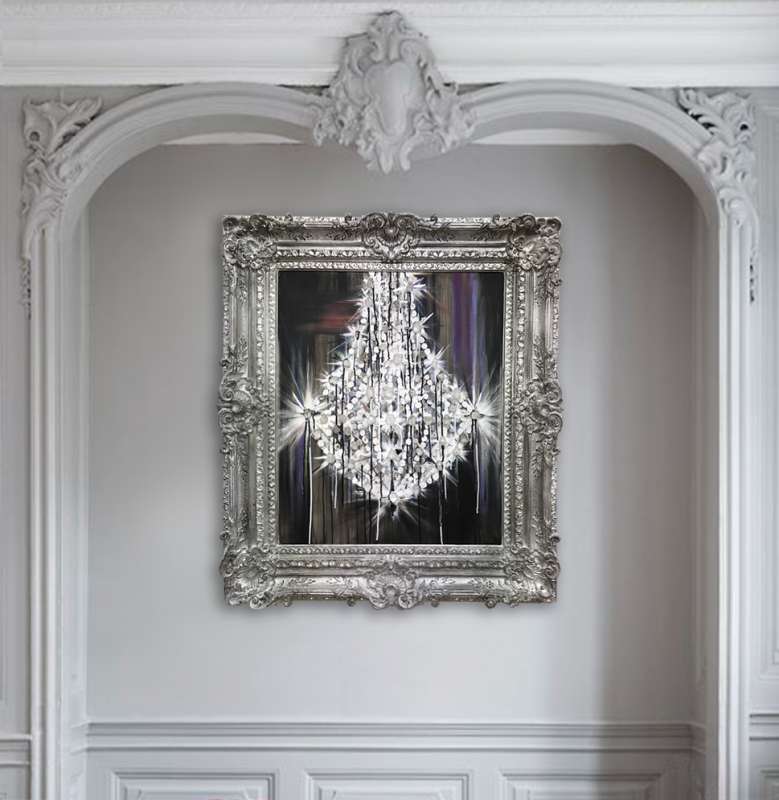 ‘Le Chandelier’ Oil, Acrylic, Mirror, Glass, Rock Crystal and Lacquer on Board in Ornately Carved Antique Silver Gilt Frame