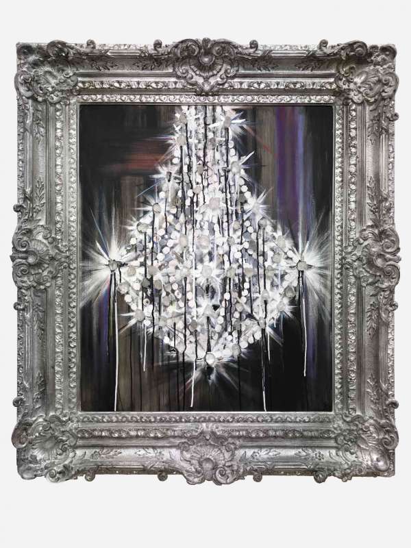 ‘Le Chandelier’ Oil, Acrylic, Mirror, Glass, Rock Crystal and Lacquer on Board in Ornately Carved Antique Silver Gilt Frame