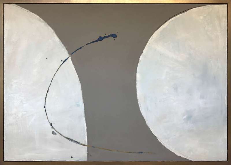 '2 Moons‘ Oil Acrylic & Gesso on Board in Bronze/Gold Finish Shadow Gap Tray Frame