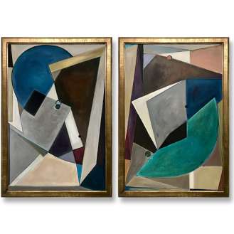PAIR ‘Abstract Teal Moon’ & ‘Blue Abstract Crescent’ Oil & Acrylic in Gold Leaf with Bronze Finish Classic English Style Frame (B1067)