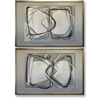 PAIR ‘Olive Eternity’ Gouache & Acrylic on Board behind Glass in Gold Leaf with Bronze Finish Shadow-Gap Frames (B1081)