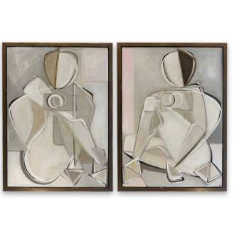 PAIR 'Sitting Blonde & Brunette with Rose Quartz ‘o' Oil & Acrylic on Board in Antique Brass/Bronze Finish Shadow-Gap Tray Frames (B1107)