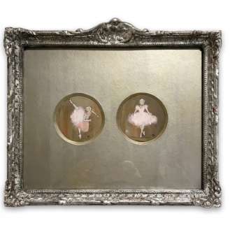 MINIATURE PAIR ’Pink Fancies’ Gouache & Acrylic on Board In Victorian Antique Carved Wood Duo Frame in Sliver Leaf with Antique Finish (B1109)