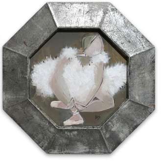 MINIATURE ’Tying Bow’ Gouache & Acrylic on Board In Octagonal Frame in Sliver Leaf  with Antique Finish (B1110)