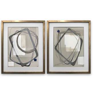 PAIR ‘Blue Grey Alto’ Gouache & Acrylic on Board behind Glass in Gold Leaf with Bronze Finish Frames (B1112)