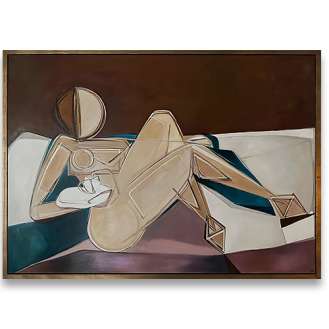 ‘Reclining Muse with Cake’ (Cake the cat) Oil & Acrylic in Cream & Gold Leaf with Bronze finish Shadow-Gap Tray Frame (B1119)
