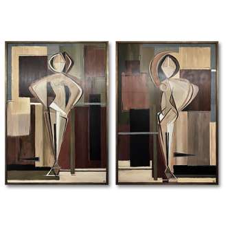 PAIR ‘Garnet Standing Muse’ & ‘Tourmaline Dancing Muse’ Oil & Acrylic on Board in Gold Leaf with Bronze finish Shadow-Gap Tray Frame (B1131)